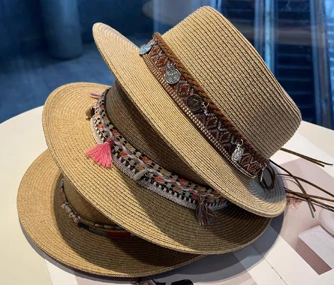 Boho Brązowy Słomkowy Kapelusz Plażowy Damski